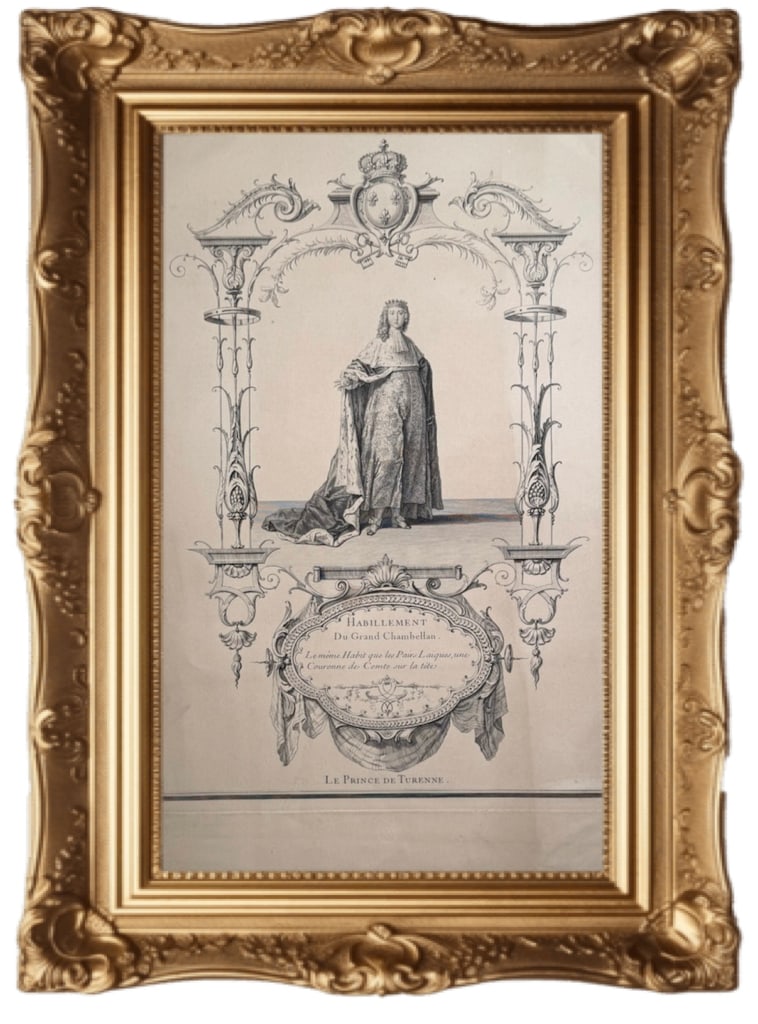 HABILLEMENT Du Grand Chambellan - LE PRINCE DE TURENNE: This antique engraving depicts the Grand Chamberlain of France in full ceremonial attire from the court of King Louis XV. Subject and Context: The image shows the Prince de Turenne as the Grand Chambe