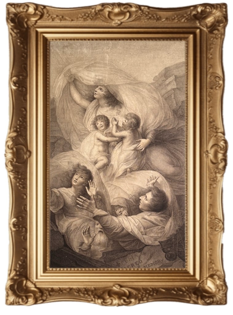 1790 Stipple engraving - The Resurrection of a Pious Family: This antique print is a stipple engraving titled "The Resurrection of a Pious Family from their Tomb at the Last Day," published in London in 1790. Artists: The work was engraved by Francesco Bartoloz