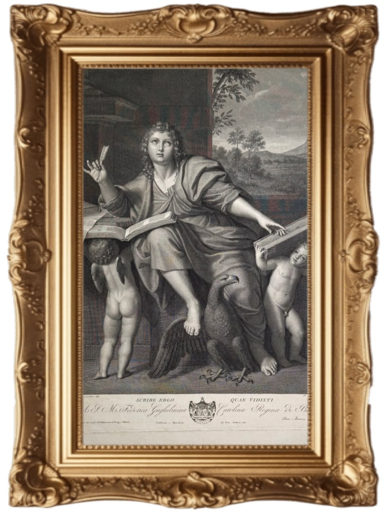 St. John the Evangelist - Pietro Bettelini: This antique engraving is titled “St. John the Evangelist” and was created based on the work of the renowned Italian artist Domenichino. Artist & Engraver: The print was engraved by Pietro Bet
