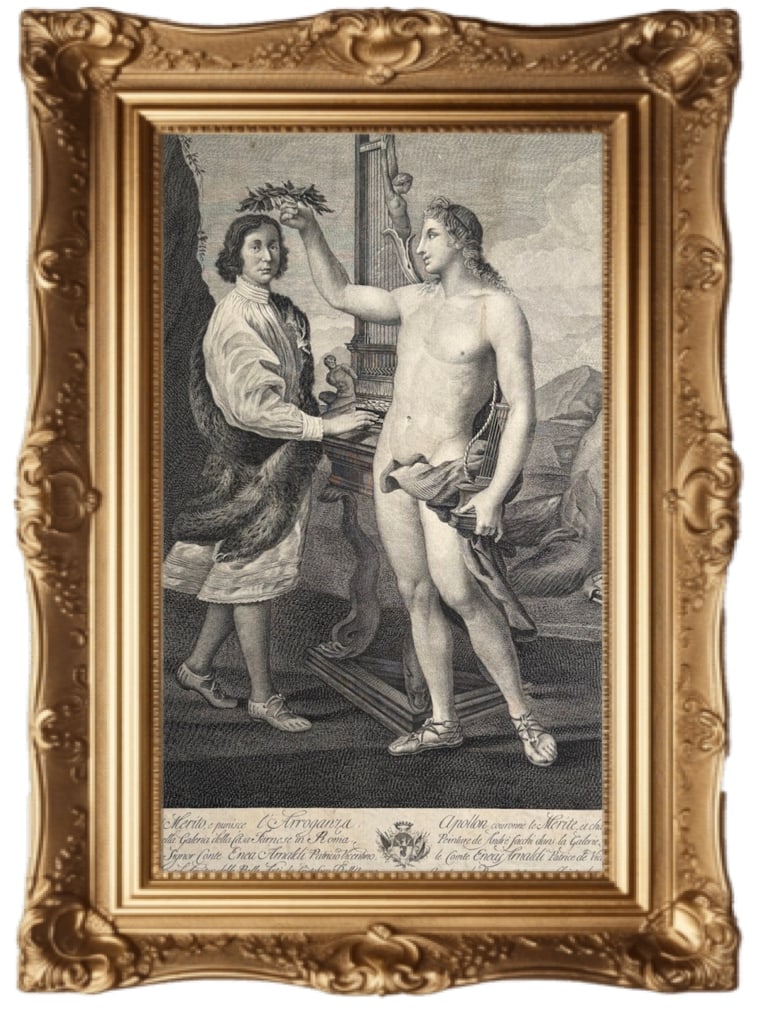 1755 engraving titled Apollo Rewarding Merit and Punishing Arrogance by Sir Robert Strange: This is a 1755 engraving titled Apollo Rewarding Merit and Punishing Arrogance by Sir Robert Strange, based on an earlier painting by Andrea Sacchi. Subject: The artwork depicts the god Apollo