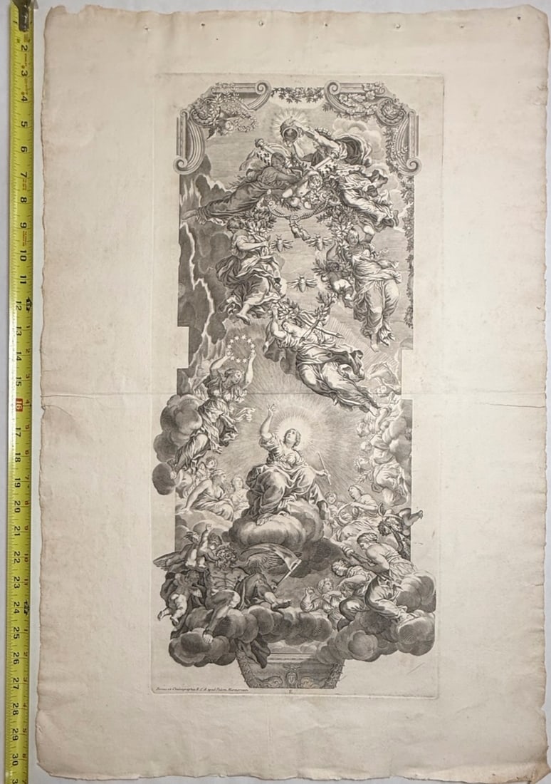 1642 Allegory of Divine Providence as seen in the deeds of Urban VIII: This religious engraving depicts a detailed scene titled "Allegory of Divine Providence as seen in the deeds of Urban VIII". Artist and Origin: The image is based on a fresco by Pietro da Cortona on