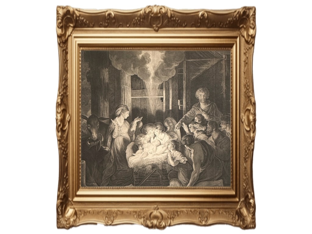 1785 - THE NATIVITY - Desirable Religious Engraving: This is a stipple engraving titled "The Nativity" or "The Adoration of the Shepherds," after a painting by Sir Joshua Reynolds. Artist and Engravers: The artwork was originally painted by Sir Joshua
