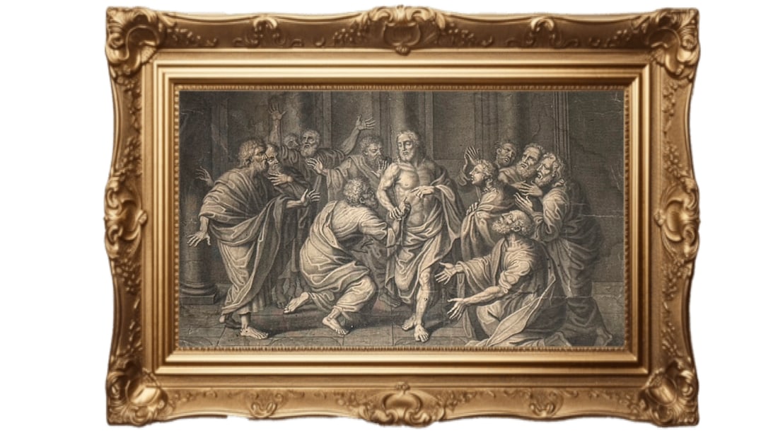 1650 antique engraving - The Incredulity of Saint Thomas: This antique engraving depicts the biblical scene known as "The Incredulity of Saint Thomas," where Thomas the Apostle touches the wounds of Jesus Christ after his resurrection. Subject Matter: The