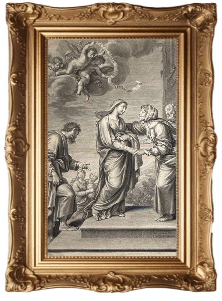 17th-century copper engraving - The Visitation - Jean-Louis Roullet: This print is a 17th-century copper engraving of The Visitation, created by the French engraver Jean-Louis Roullet (1645–1699) after a painting by Pierre Mignard (1612–1695). The scene depicts