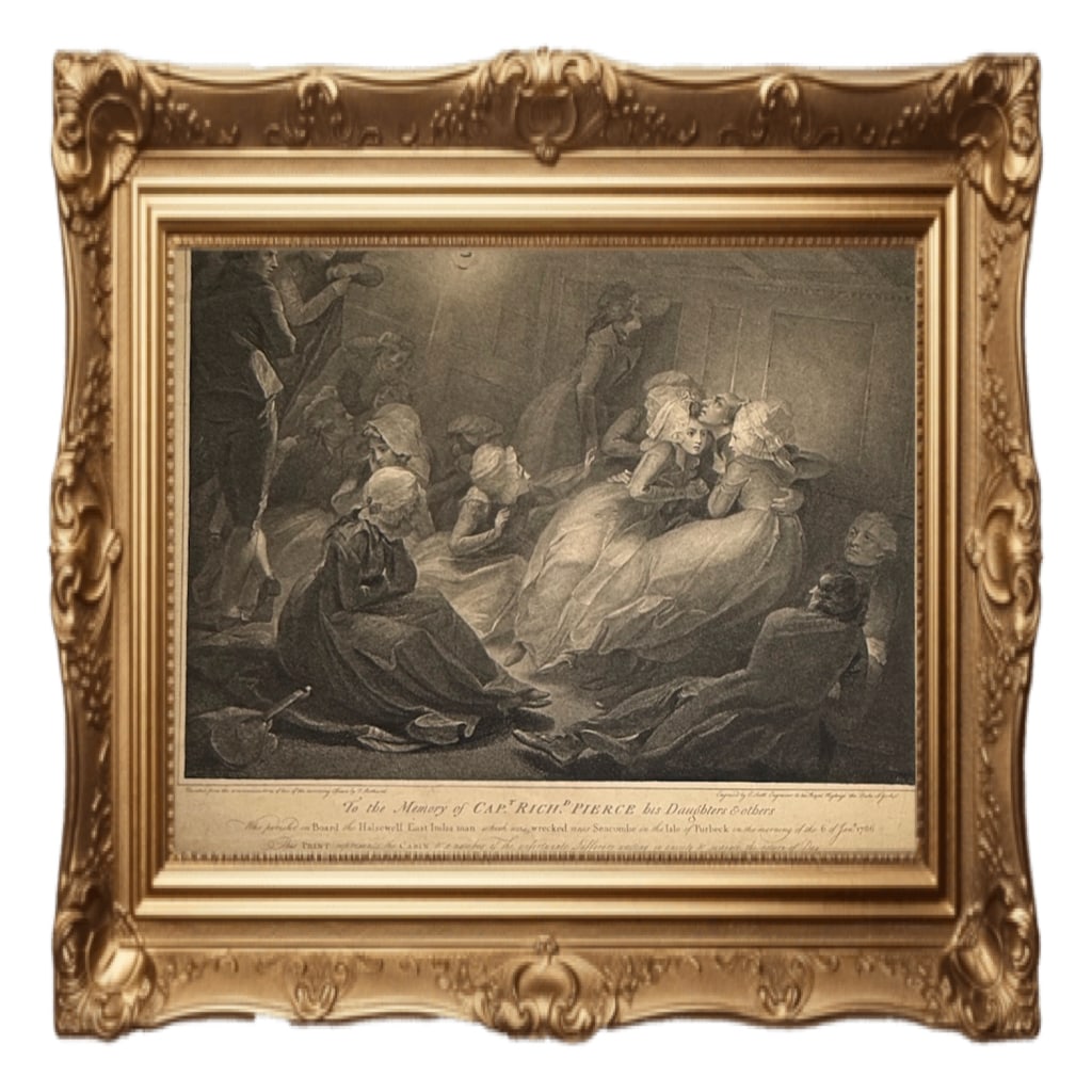 1786 engraving by E. Scott - The Shipwreck of the Halsewell: This print is a historical engraving entitled "The Shipwreck of the Halsewell", published in London in 1786. Subject Matter: The artwork commemorates Captain Richard Pierce, his daughters, and others
