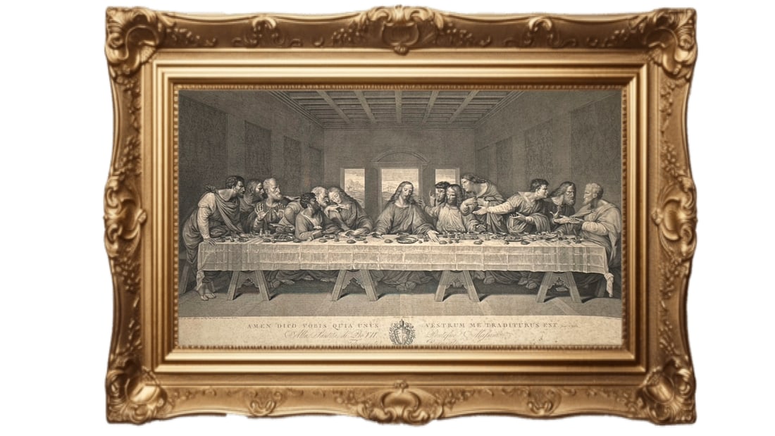 Rainaldi - Leonardo da Vinci’s The Last Supper: DESIREABLE - This is an antique engraved print of Leonardo da Vinci’s The Last Supper. Artist and Subject: The work is a monochromatic engraving of the famous mural, capturing the moment Jesus