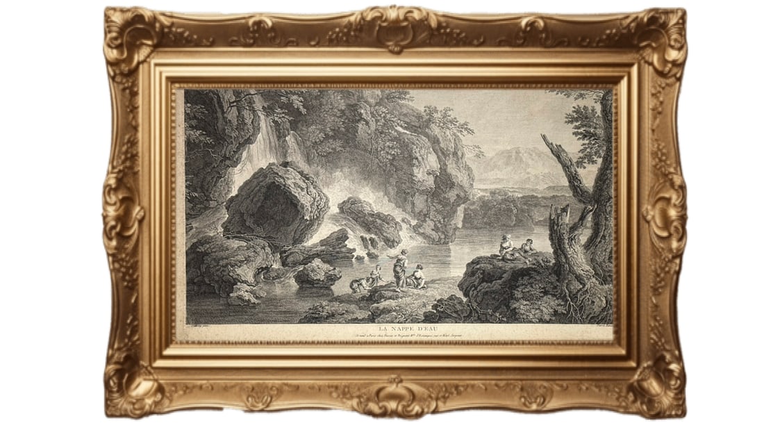 18th-century antique engraving - La Nappe d'Eau (The Waterfall) - Benazech: This is an 18th-century antique engraving titled "La Nappe d'Eau" (The Waterfall), created by Peter Paul Benazech. The engraving is based on a 1752 painting by the German artist Christian Wilhelm