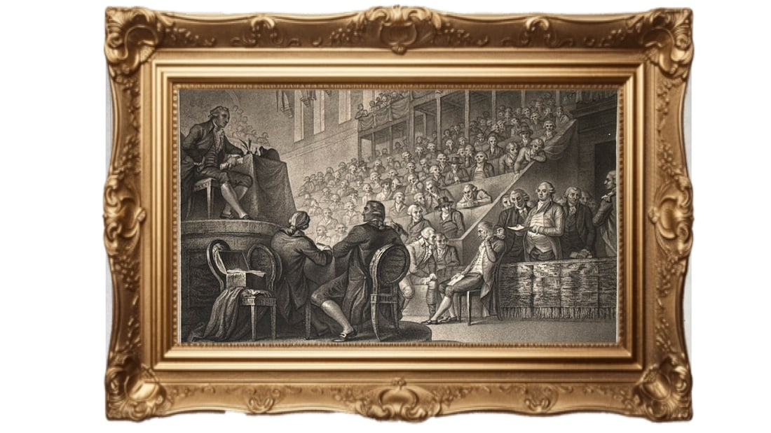 1793 copper engraving - The Mock-Trial of Louie XVIth: This is a historic copper engraving entitled Lewis the XVIth at the BAR of the NATIONAL CONVENTION, Decr 26th 1792. Subject Matter: The artwork depicts the trial of King Louis XVI before the National