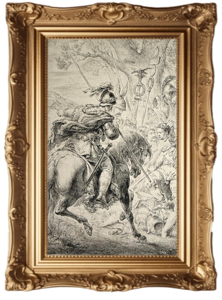 1781 historical etching - C. Rode - Germanic warrior Arminius: Based on the imagery, this appears to be a historical etching by Christian Bernhard Rode. The artwork depicts the Germanic warrior Arminius (Hermann) on horseback, receiving the severed head of the