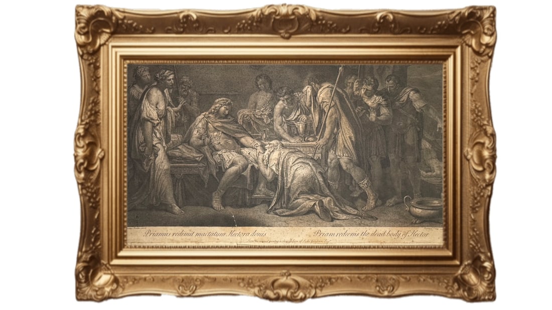 1775 engraving titled Priam redeems the dead body of Hector: This is a 1775 engraving titled "Priamus redimit mactatum Hectora donis" (Priam redeems the dead body of Hector), based on a painting by Gavin Hamilton. The print was engraved by Domenico Cunego in