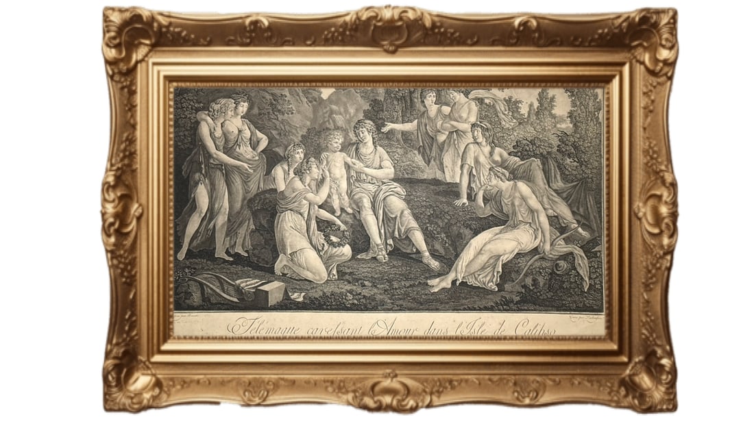 18th-century French antique etching - Telemachus caressing Cupid on the Island of Calypso: This is a 18th-century French antique etching and engraving depicting a scene from the mythological tale - Telemachus caressing Cupid on the Island of Calypso
