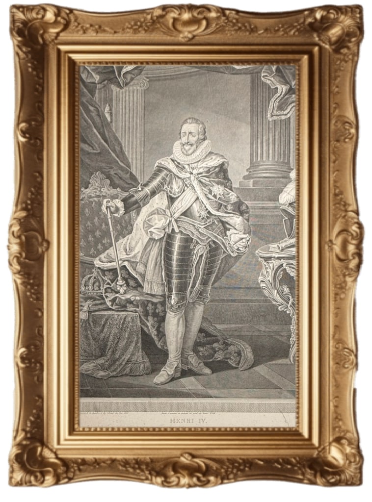 Henry IV of France Engraving - 1816: This engraving depicts Henry IV of France (Henri IV), who reigned as King of France from 1589 to 1610 and King of Navarre from 1572 to 1610. The Subject: Known as "Good King Henry," he was the first m
