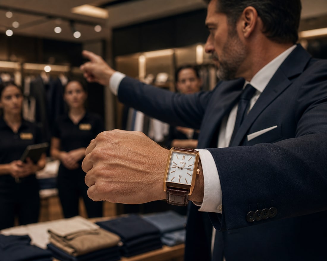 Hugo Boss Men's 1513075 Watch: This is a Hugo Boss Architecture men's watch (model 1513075) featuring a rectangular rose gold-plated case, a white dial, and a brown leather strap. Hugo Boss Men's 1513075 Watch. Unworn. Box is in fa