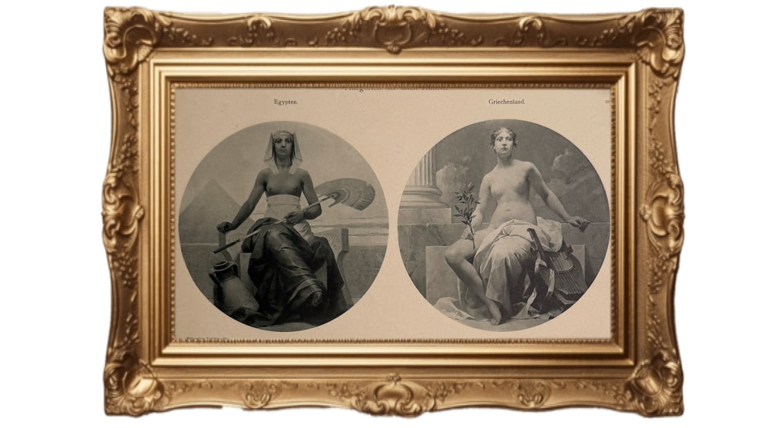 Two distinct historical prints - Allegorien der alten Künste: Two vintage plates. The top being: Titled "Allegorien der alten Künste" (Allegories of the Ancient Arts), this work features personifications of Egypt and Greece [1, 2]. It is attributed to Professor