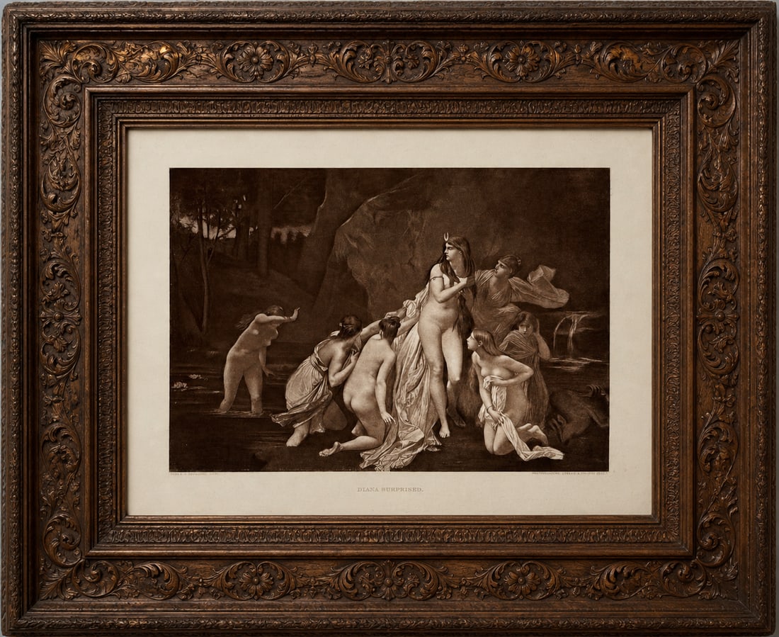 Antique photogravure of Diana Surprised: This is an antique print of "Diana Surprised" (also known as Diane Surprise), originally painted by the French Academic artist Jules Joseph Lefebvre in 1879. Subject: The Roman goddess Diana (Artemis 