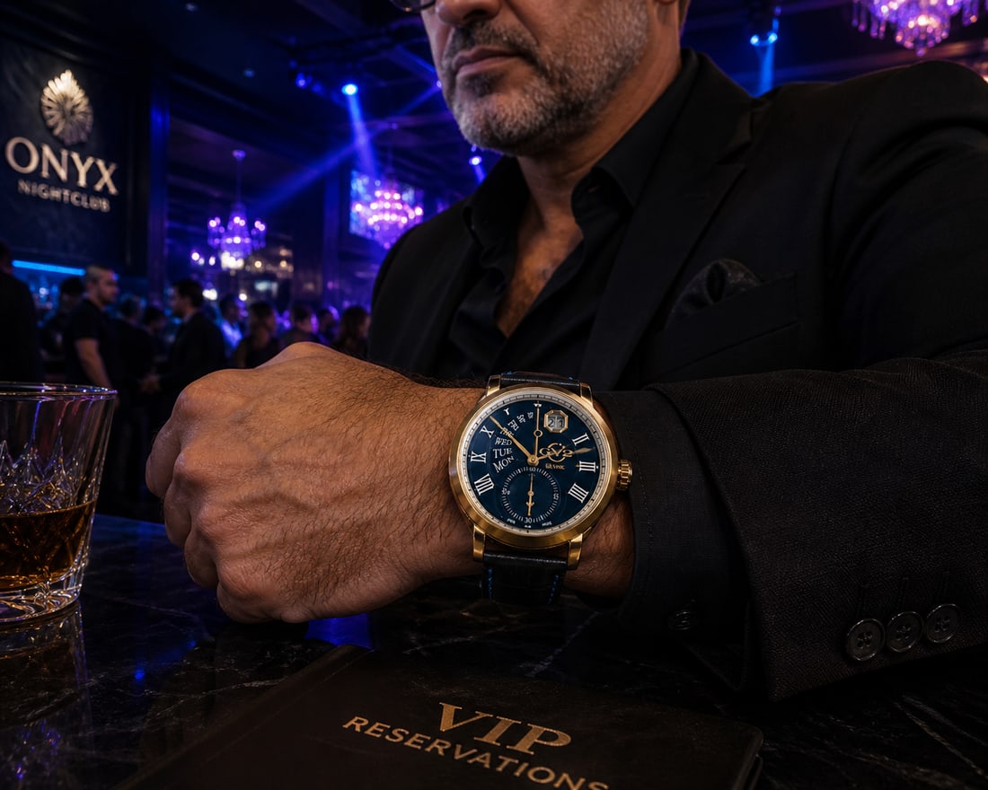GV2 BY GEVRIL Marchese Quartz Blue Dial Men's Watch Item No. 42424: This is a GV2 by Gevril Men's Marchese watch, specifically model 42424, featuring a 44mm gold-tone octagon case and a blue dial with retrograde day and big date displays. GV2 BY GEVRIL Marchese Quartz