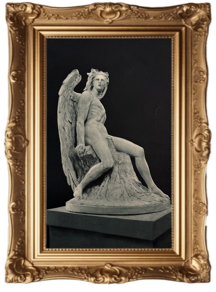 1887 photogravure - Lucifer: This is a vintage 1887 photogravure print titled "Lucifer" based on the original sculpture by Italian artist Constantino Corti. Publisher: Gebbie & Co. A fallen angel.