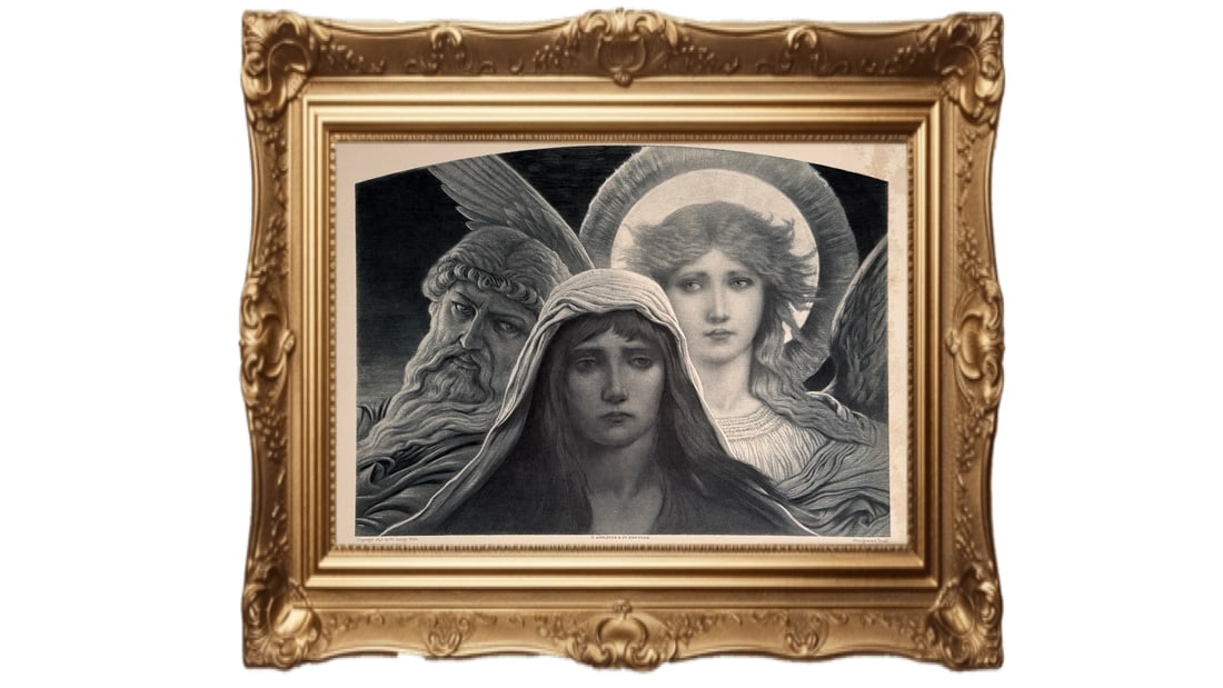 1893 photogravure - The Sorrowing Soul Between Doubt and Faith: This is an antique 1893 photogravure print of "The Sorrowing Soul Between Doubt and Faith" by artist Elihu Vedder. Artist: Elihu Vedder (American, 1836–1923), a Symbolist painter. Subject: The artwo