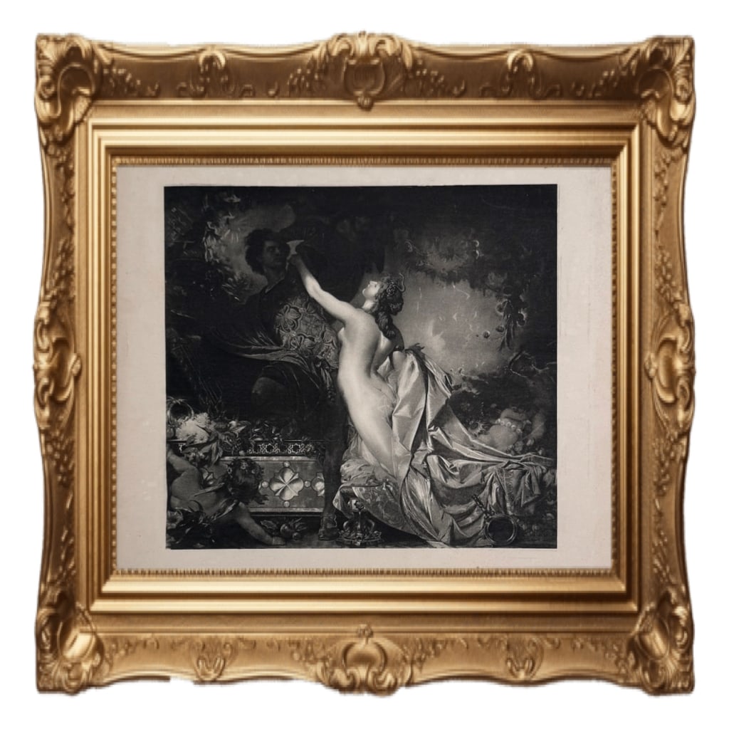 Tannhauser and Venus - by the German history painter Otto Knille: With tissue frontispiece. This black-and-white print is a photogravure of the 1873 painting "Tannhäuser and Venus" (German: Tannhäuser und Venus) by the German history painter Otto Knille (1832–18