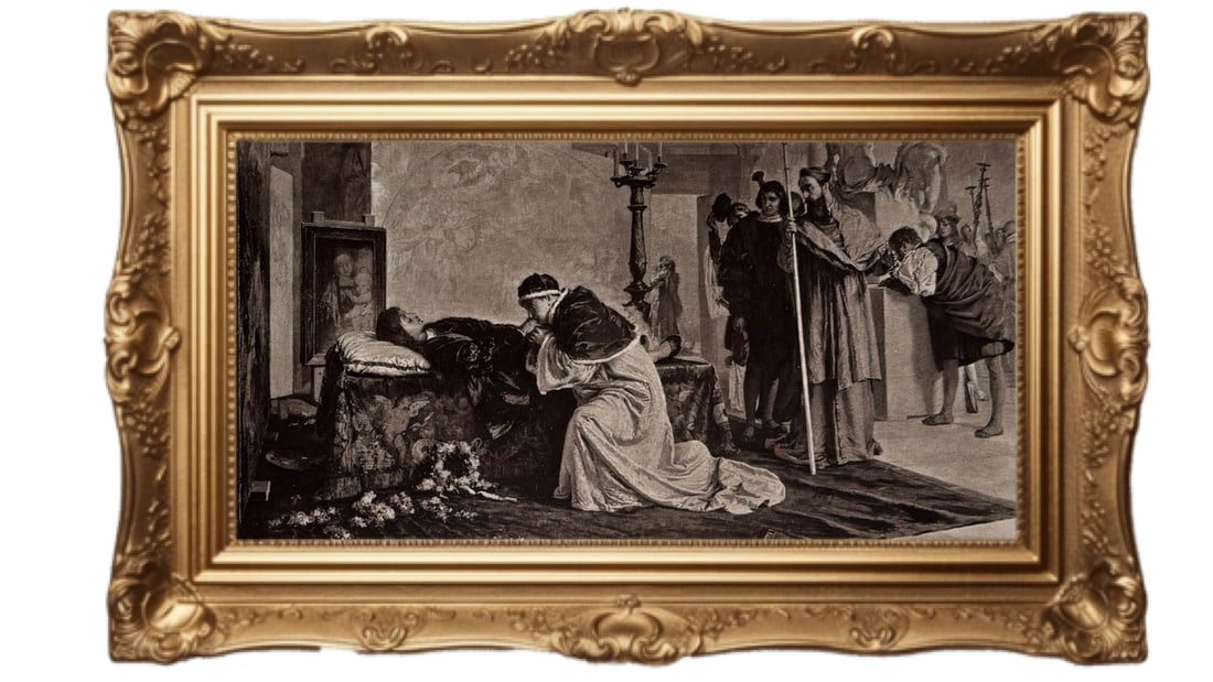 Antique photogravure - Pope Leo X Taking His Last Farewell of Raphael: Antique photogravure, titled "Pope Leo X Taking His Last Farewell of Raphael," was printed in 1886 and originates from the book Great Men and Famous Women. Subject Matter: The print depicts Pope Leo X