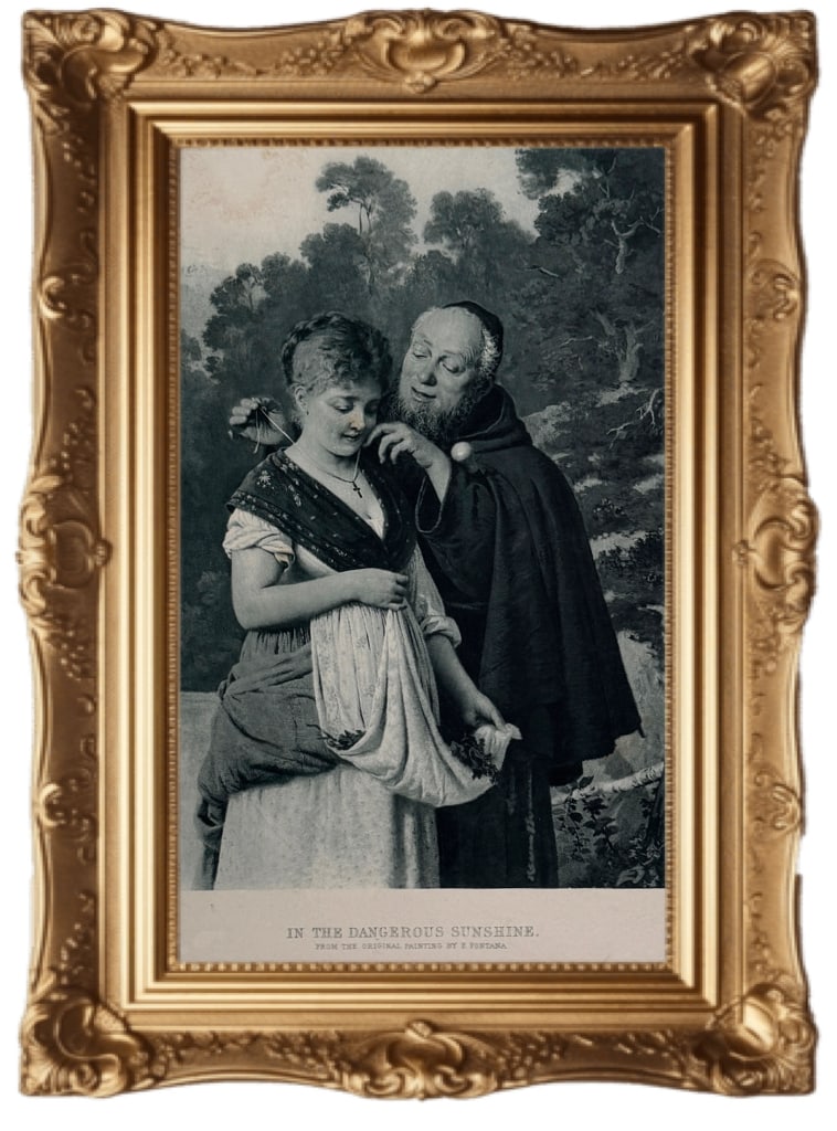 Photogravure print from 1886 - In the Dangerous Sunshine: This item is an antique photogravure print from 1886 titled "In the Dangerous Sunshine," based on a painting by Ernesto Fontana. The scene depicts a friar or monk placing a small cross necklace around