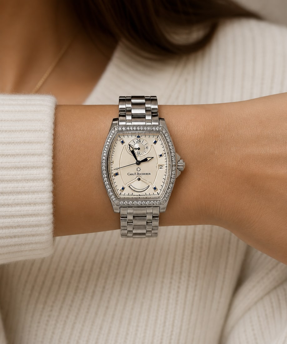 Carl F. Bucherer - DIAMOND Patravi T-24 Stainless Steel - RETAIL $11k: The product shown is a Carl F. Bucherer Patravi T-24 Automatic watch featuring a diamond-set bezel, a stainless steel case and bracelet, and a tonneau shape. Carl F. Bucherer - DIAMOND Patravi T-24 St