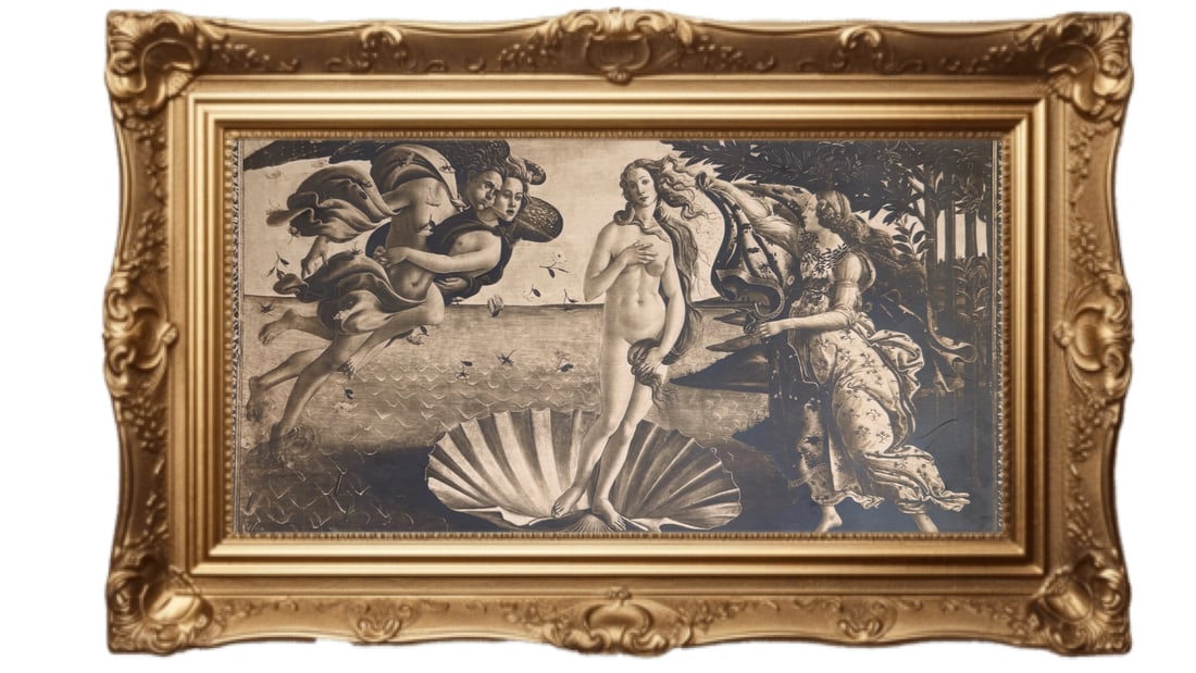 About 1870 Photogravure of The Birth of Venus - Botticelli: This is a black-and-white large-format high-quality monochrome print of Sandro Botticelli's iconic Renaissance masterpiece, The Birth of Venus. Venus: The goddess of love, standing gracefully on a gia