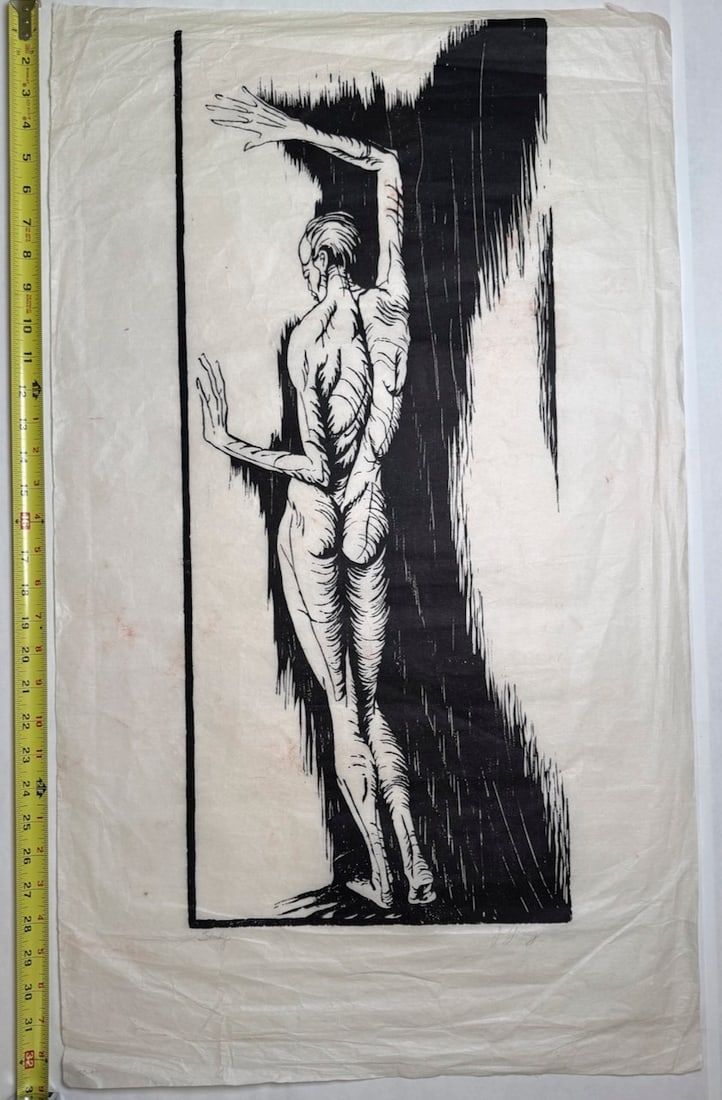 Possibly gipsograph on rice paper - STUDY - J. Young: Signed in pencil. This artwork is reflective of a woodcut print with strong influence of Leonard Baskin, a prominent American artist known for his monumental, often starkly emotional woodcuts. While i