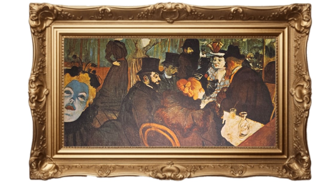 At the Moulin Rouge by the French artist Henri de Toulouse-Lautrec: This image is a print of the famous oil-on-canvas painting "At the Moulin Rouge" (French: Au Moulin Rouge) by the French artist Henri de Toulouse-Lautrec. No oTher Markings or dates. Artist and Era: P