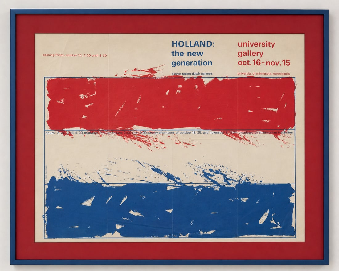 1964 exhibition poster - Holland: The New Generation: This item is a 1964 exhibition poster titled "Holland: The New Generation," featuring a design by Willem Sandberg and was circulated by the Smithsonian Institution. Details: The poster highlights an