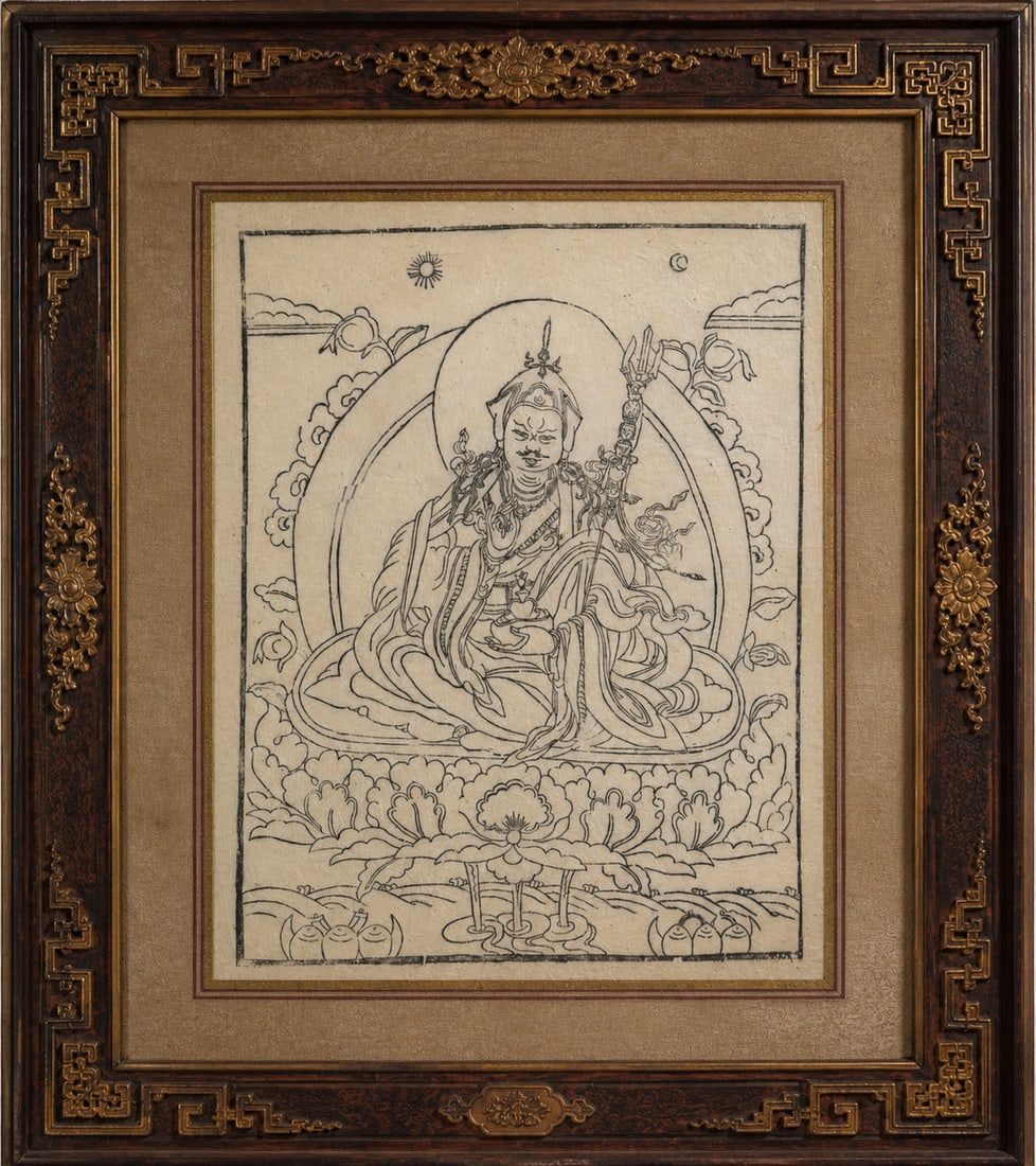 Padmasambhava, also known as Guru Rinpoche on rice paper: The image depicts Padmasambhava, also known as Guru Rinpoche, a foundational figure in Tibetan Buddhism often referred to as the "Second Buddha.” This specific piece is a woodblock print on pape