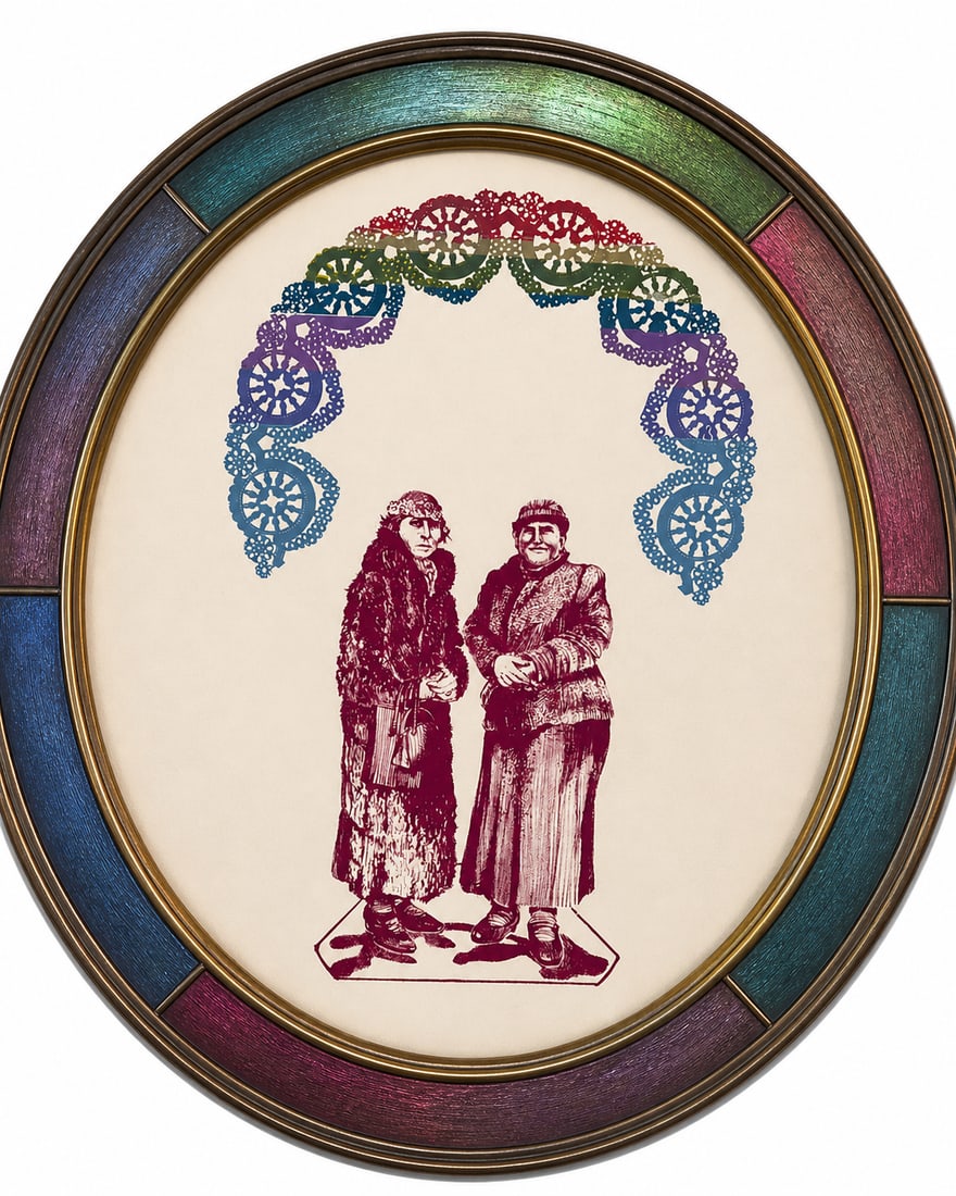 1975 - Original artist's proof split fountain screen print - Charmed Circle - H. Frances: This print is an original artist's proof split fountain screen print titled "Charmed Circle" by H. Frances, dated 1975. Artwork Details: The piece is a lithograph or block print depicting two women