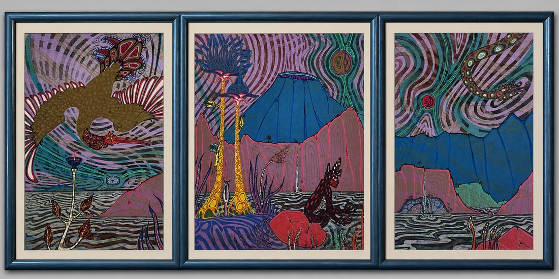 Jesse Patrick Allen (American B. 1936), Fantasy Scene, Color Lithograph triptych: Jesse Patrick Allen (American B. 1936), Fantasy Scene, Color Lithograph set in triptych format. Signed and numbered. items are #12 / 39 from 1974. Jesse Allen was born in Nairobi, Kenya on March 11,