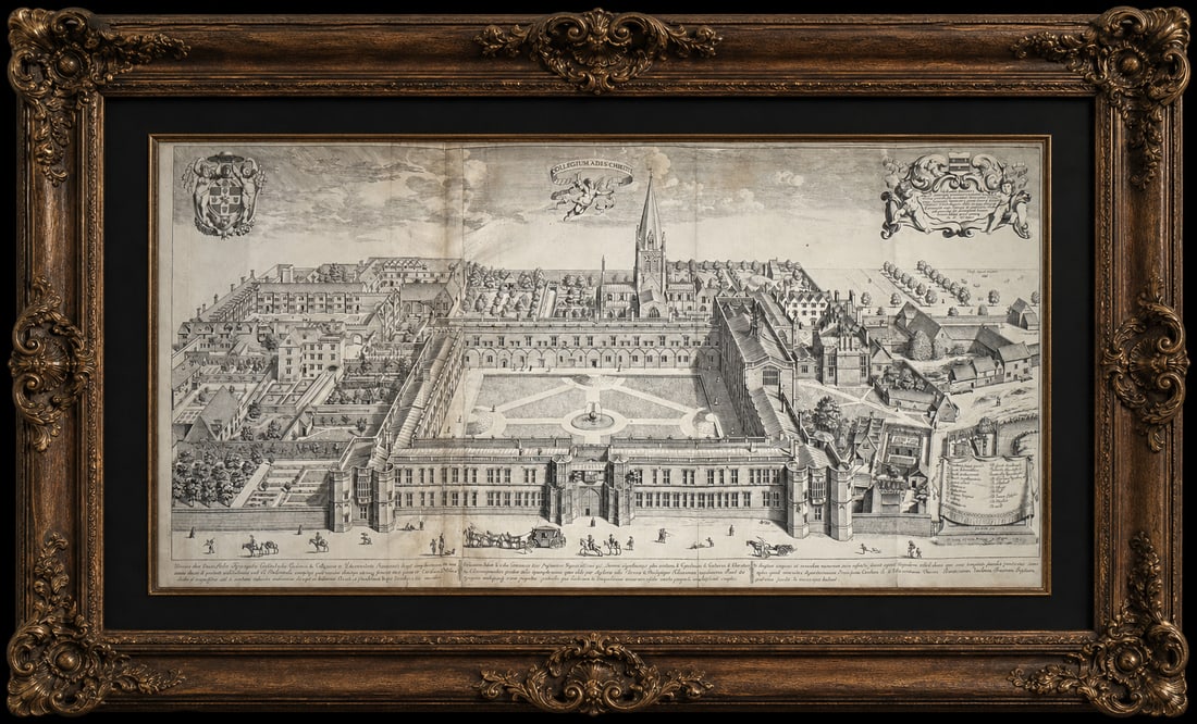 ORIGINAL FIRST PRESSING - 1675 - DAVID LOGGAN - Christ Church, Oxford: The image shows an original 17th-century engraving of Christ Church, Oxford, titled Collegium Aedis Christi. This bird's-eye view was created by artist David Loggan and was first published in his