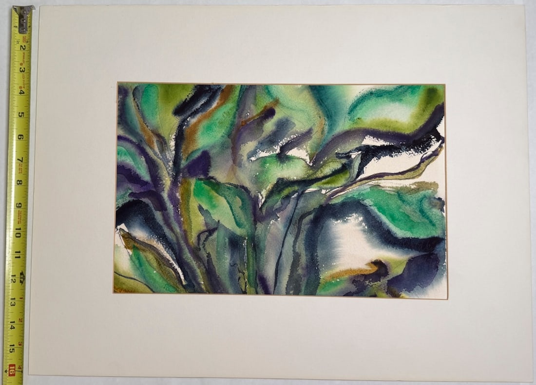 Abstract watercolor painting: Unknown artist and period. This appears to be an abstract watercolor painting featuring swirling botanical or organic forms. Colors and Style: The artwork utilizes a palette of green, purple, and