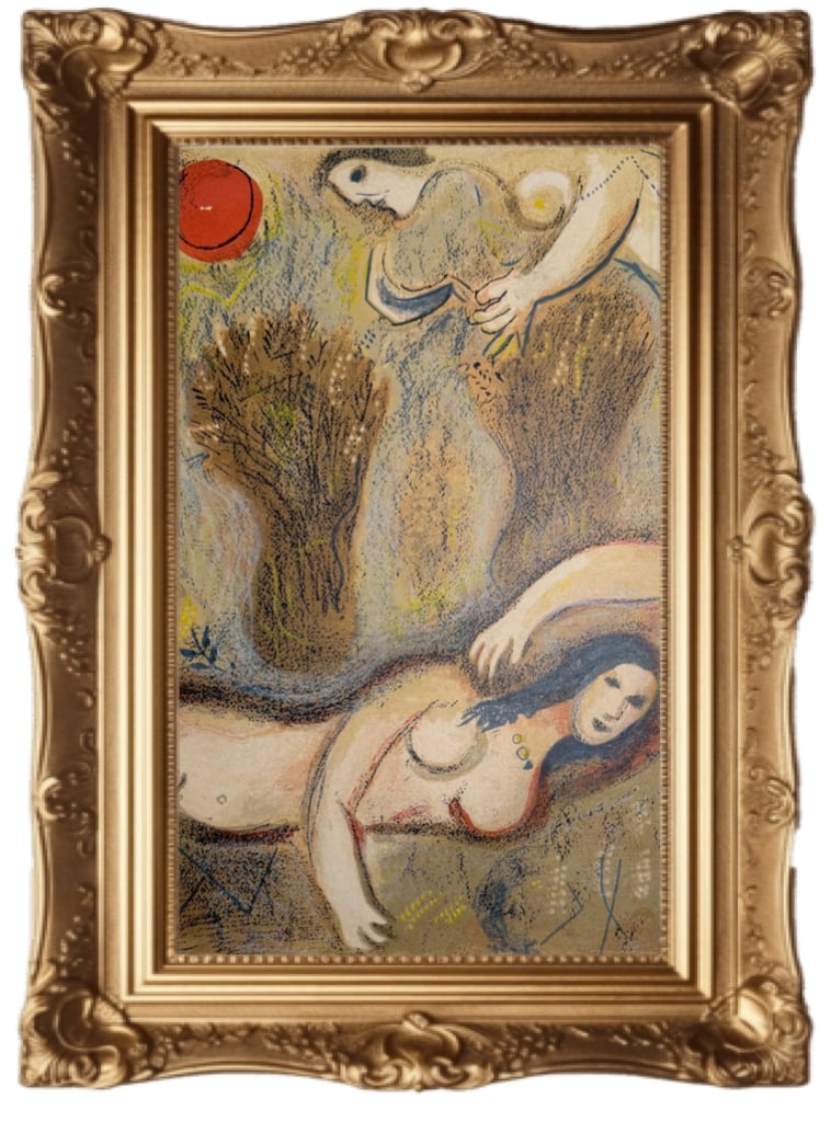 Boaz Wakes Up and Sees Ruth at his Feet - 1960 - Marc Chagall - Verve: This is an ORIGINAL “Booz se réveille et voit Ruth à ses pieds" (Boaz Wakes Up and Sees Ruth at his Feet), a 1960 original lithograph by Marc Chagall. It is part of the portfolio "Drawings for
