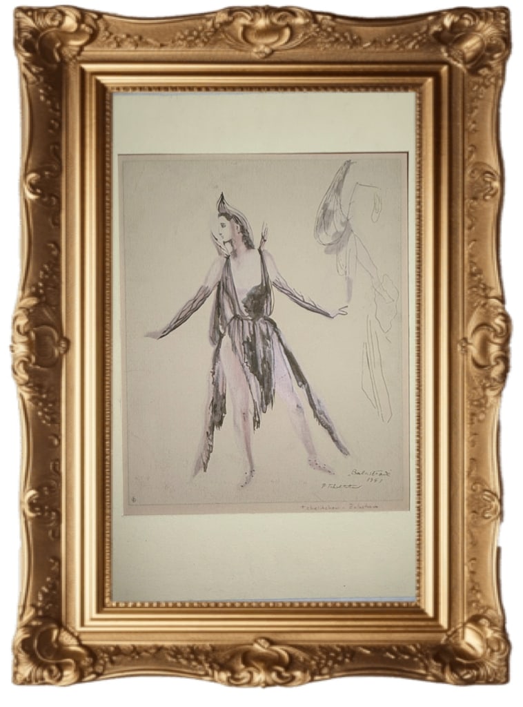 1951 color serigraph - Pavel Tchelitchew -Balustrade: This item is a color serigraph on buff wove paper. A Pavel Tchelitchew drawing, titled "Balustrade," likely a costume design study from 1941, featuring a figure in costume with antler-like headgear.