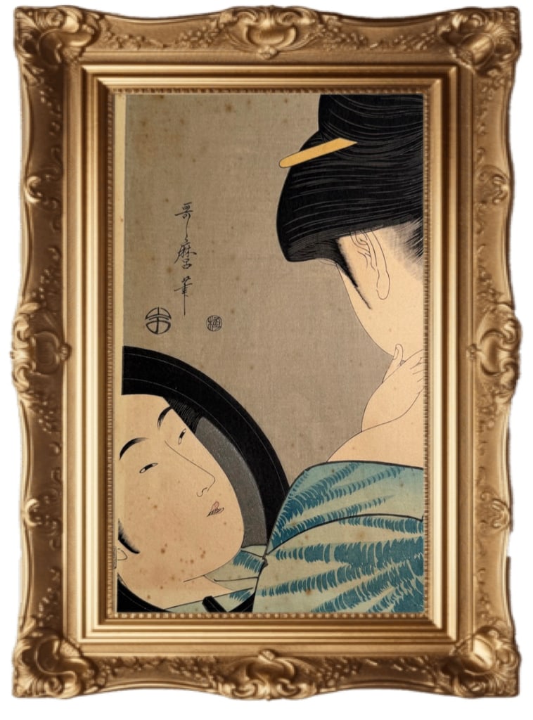 Kitagawa Utamaro ukiyo-e woodblock: This is a Kitagawa Utamaro or similar ukiyo-e woodblock print entitled "Girl Powdering Her Neck" (Eri Yosooi) from the 19 century. Subject Matter: The artwork depicts a woman, likely a courtesan,