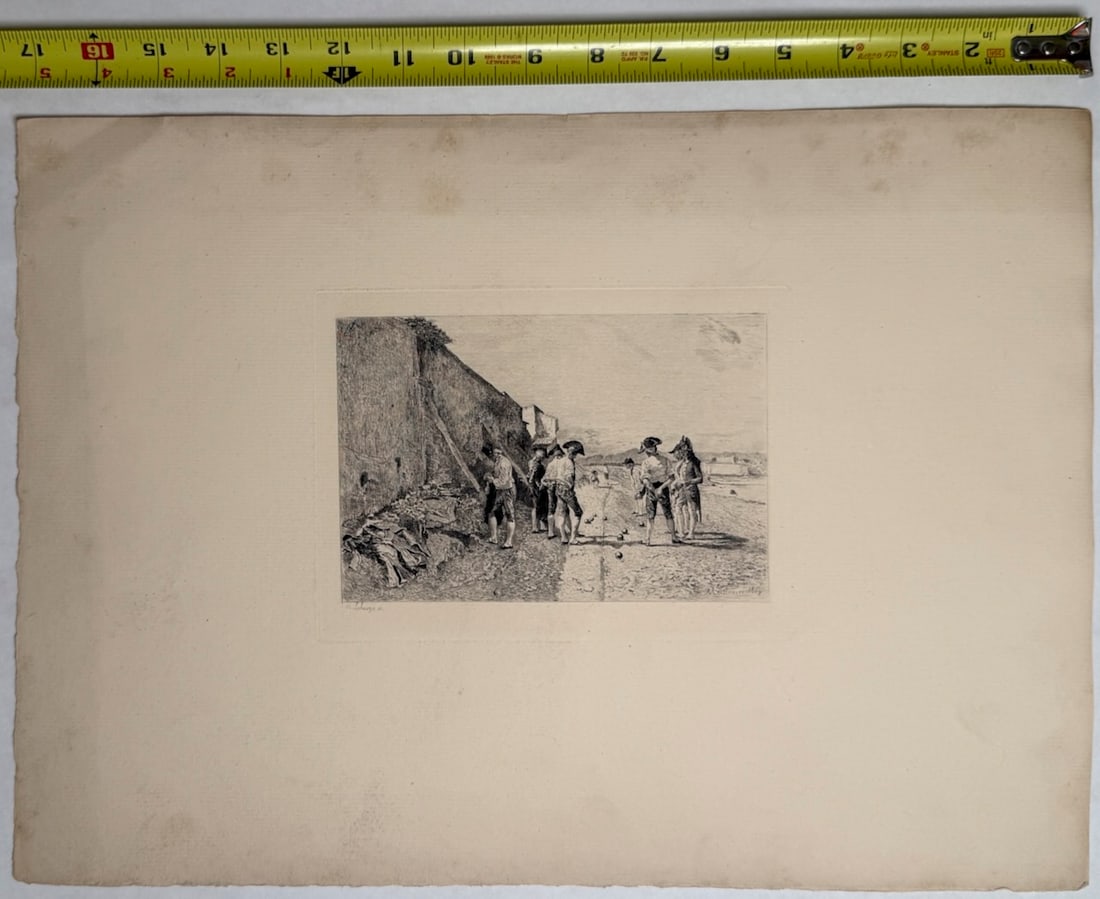 1869 Engraving - Bowl Players at Antibes)- Ernest Meissonier - engraver Lalauze: This artwork is an original etching titled "Joueurs de Boules à Antibes" (Bowl Players at Antibes) by the artist Ernest Meissonier (1815-1891), depicting a group playing a traditional French lawn