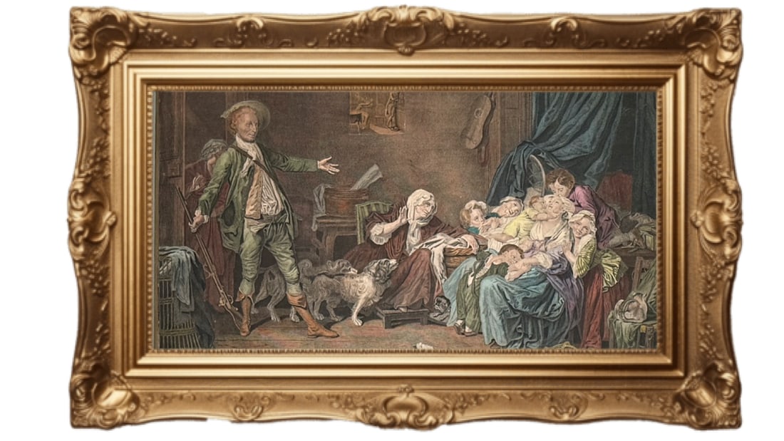 1775 Hand Colored copper-plate engraving - The Well-Loved Mother - Jean-Baptiste Greuze: This artwork is a copper-plate engraving titled "La Mère bien-aimée" (The Well-Loved Mother) or (The Cherished Mother), produced in 1775. Artist & Engraver: The scene is based on a painting by the F