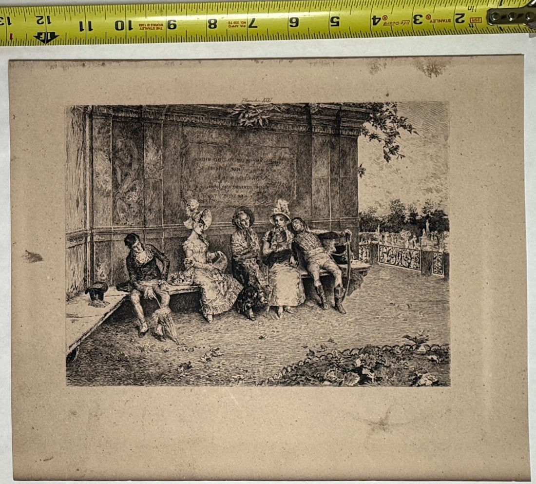 The Young Ladies to be Married - 1881 - Louis Monziès: This print is titled "Les demoiselles à marier" (The Young Ladies to be Married), created in 1881 by the French artist Louis Monziès. Subject: The artwork depicts a family seated outdoors, likely in