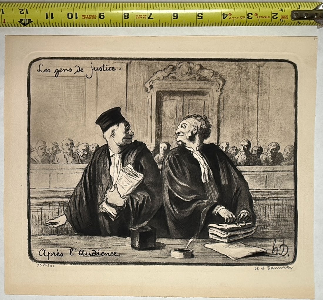 After the Hearing - Possibly SIGNED - Honoré Daumier: This artwork is an engraving titled "Après l'audience" (After the Hearing) from the series "Les gens de justice" (The People of Justice) created by French artist Honoré Daumier. Artist and Era: Hono