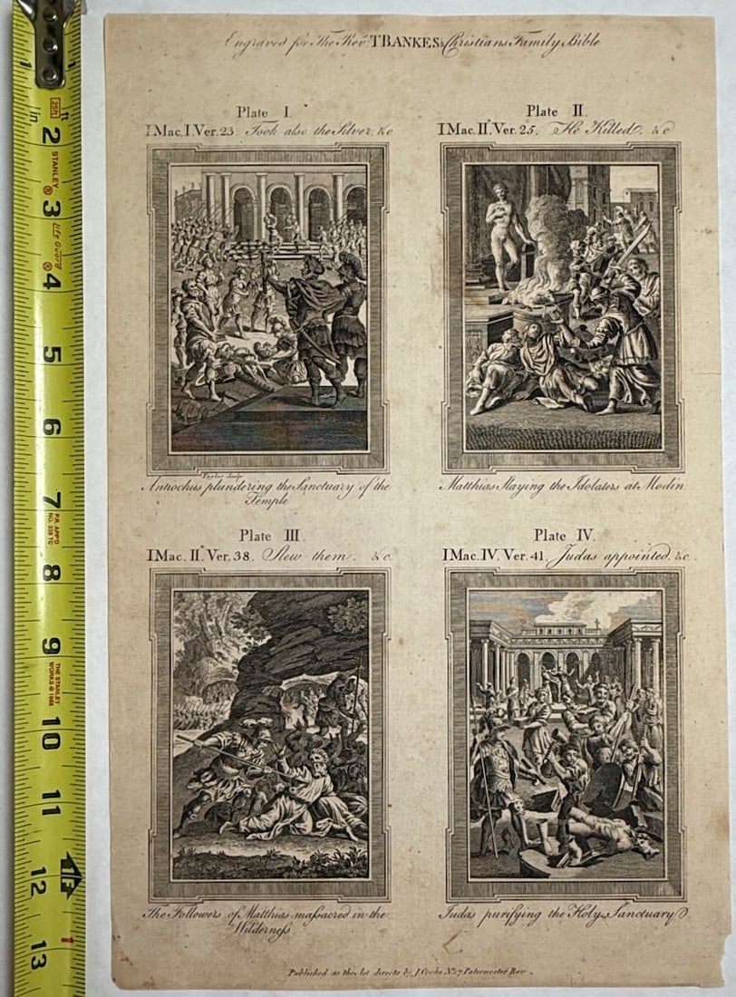 historical plate from The Rev. T. Bankes’s Christian's Family Bible: This engraving is a historical plate from "The Rev. T. Bankes’s Christian's Family Bible," likely published in London around 1780. It depicts four significant scenes from the Books of the Maccabees 