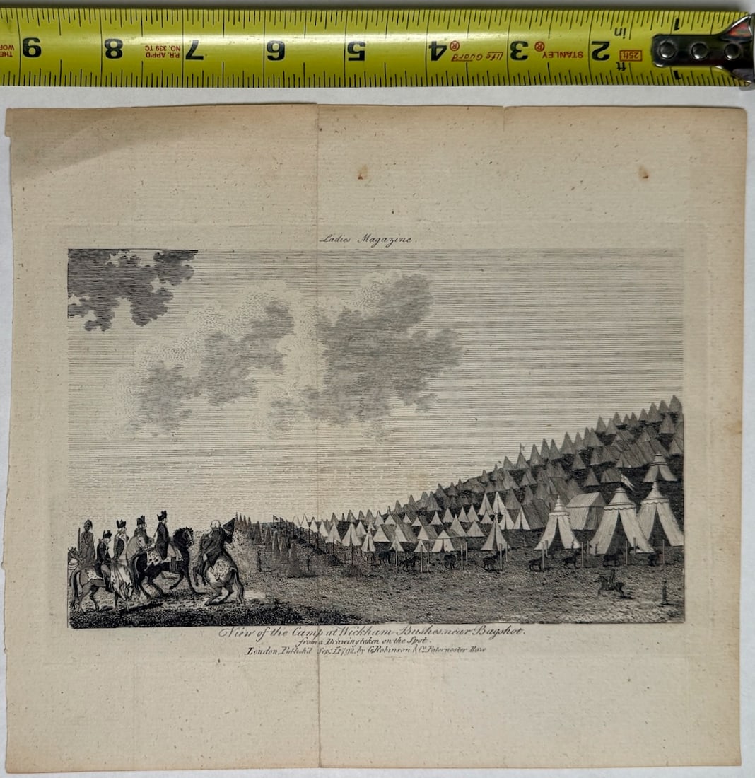 View of the Camp at Wickham Bushes near Bagshot: This antique print is a depiction of a military encampment, specifically labeled as a "View of the Camp at Wickham Bushes near Bagshot". Publication: The image appears to be a copper engraving origina