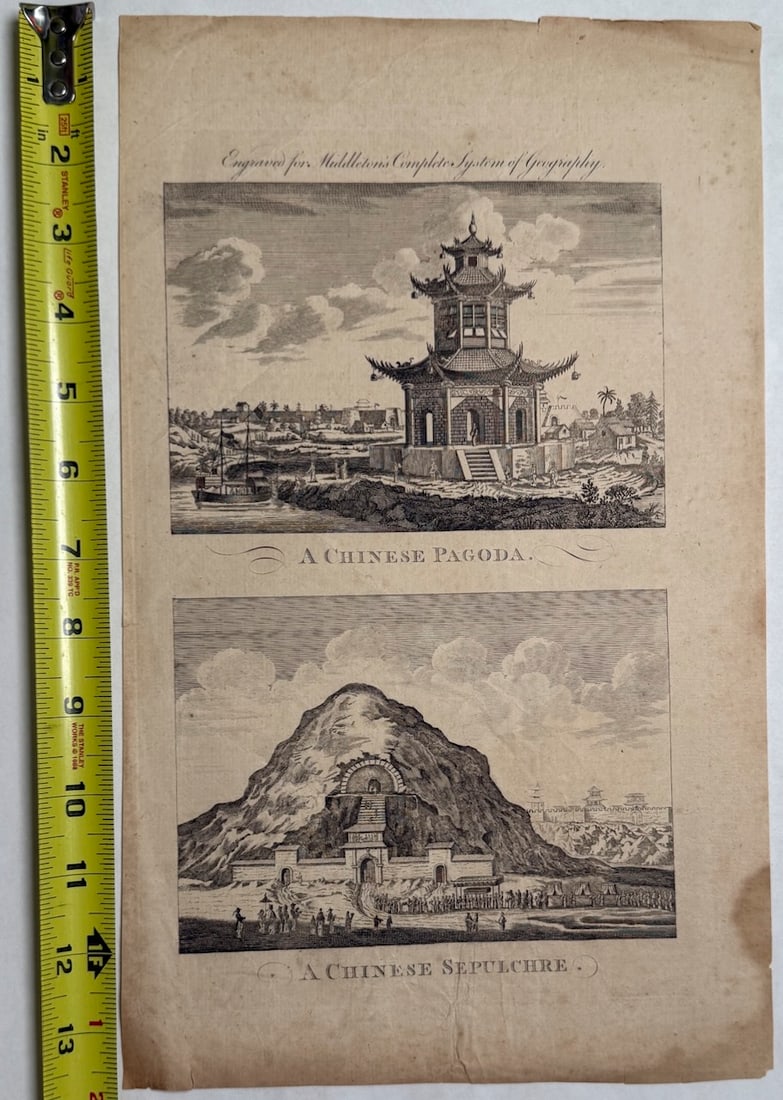 Chinese Pagoda - 18th century: This is an original copperplate engraving from the late 18th century (circa 1778). It was produced for Middleton's Complete System of Geography, a popular British world atlas of the era. Top Illustrat