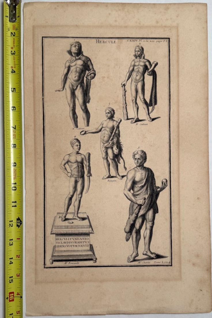 HERCULE - a page from Bernard de Montfaucon’s monumental work: This antique engraving, titled "HERCULE," is a page from Bernard de Montfaucon’s monumental work, L'antiquité expliquée et représentée en figures (Antiquity Explained and Represented in Diagrams