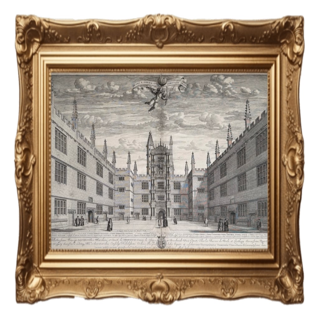 Quadrangle at the Bodleian Library - Oxford - ORIGINAL David Loggan 1675: This antique print is a depiction of the Schools Quadrangle at the Bodleian Library in Oxford University.Artist and Era: It is an original copper-plate engraving by David Loggan from his 1675