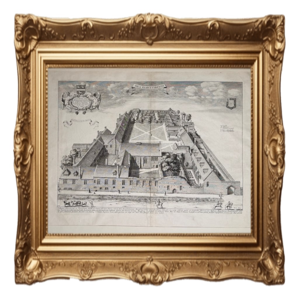 David Loggan copper engraving of Gloucester Hall - Oxford - 1675: This is a David Loggan copper engraving of Gloucester Hall, Oxford, published in his 1675 Oxonia Illustrata.Subject: The print depicts an aerial "bird's-eye" view of Gloucester Hall, which was the