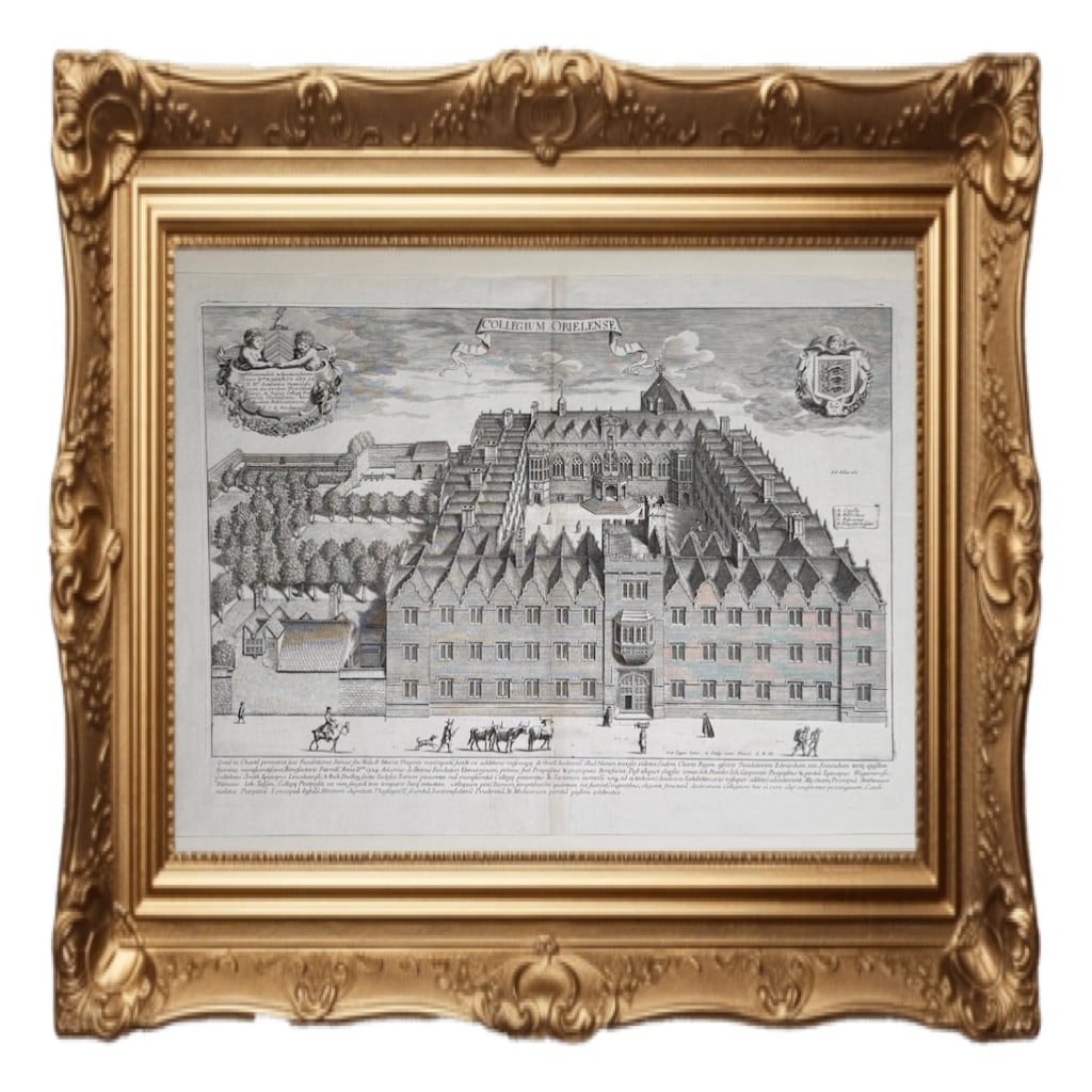 Oriel College, Oxford - David Loggan - 1675: This image is a bird's-eye view engraving of Oriel College, Oxford, originally produced by the artist and engraver David Loggan for his landmark 1675 work, Oxonia Illustrata.Historical ContextArtist: 