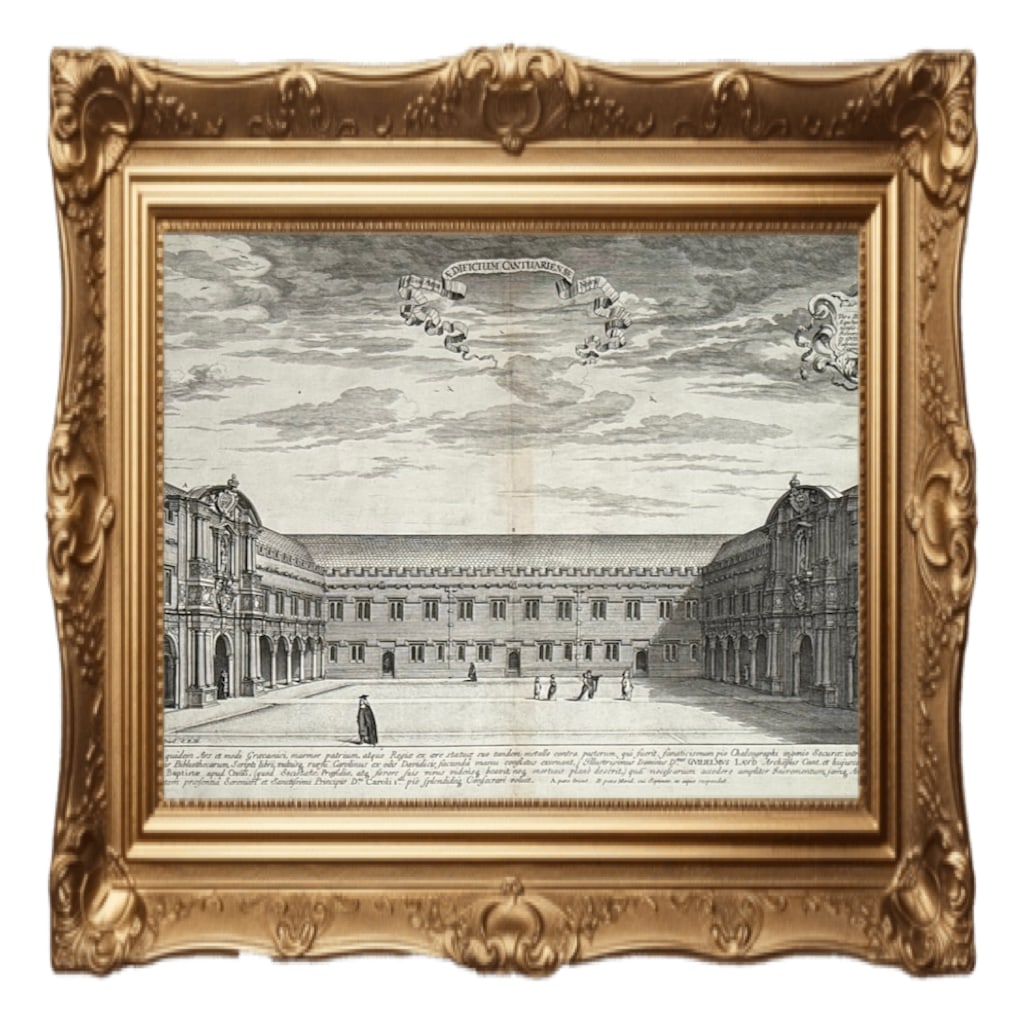 Canterbury Quad, St John's College, Oxford - David Loggan - 1675: This is an engraving titled "Canterbury Quad, St John's College, Oxford," originally produced by David Loggan in 1675. Artist: David Loggan (1634–1692), a prominent engraver appointed as the Public 